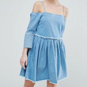 Denim pleated off shoulder dress